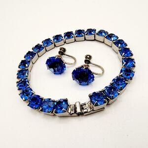 Vintage Blue Paste Rhinestone Bracelet and Earring Set with Sterling Screw Backs